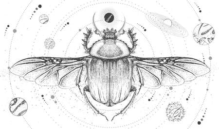 Modern magic witchcraft card with solar system and scarab beetle. Hand drawing occult vector illustrationのイラスト素材