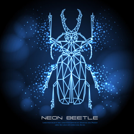 Abstract neon polygonal triangle Sabertooth Longhorn beetle. Bug neon sign. Entomological vector illustrationのイラスト素材