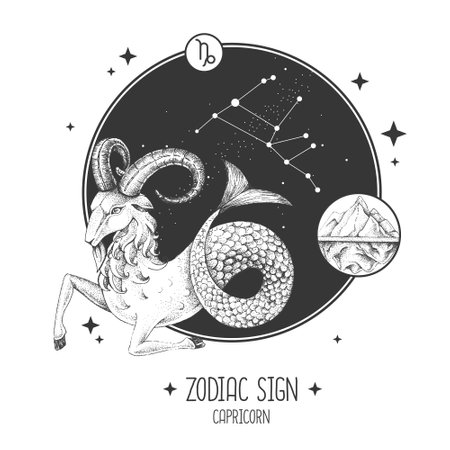 Modern magic witchcraft card with astrology Capricorn zodiac sign. Realistic hand drawing ram or mouflon head. Zodiac characteristicのイラスト素材