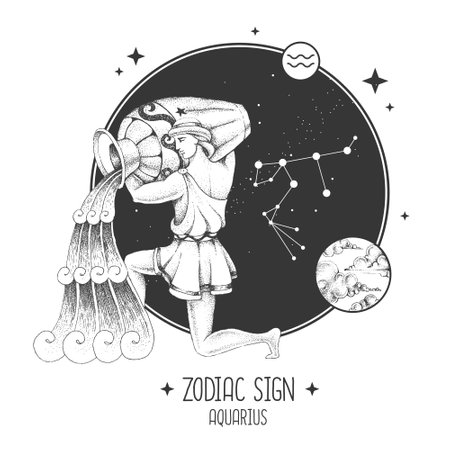 Modern magic witchcraft card with astrology Aquarius zodiac sign. Realistic hand drawing water jug illustration. Zodiac characteristicのイラスト素材
