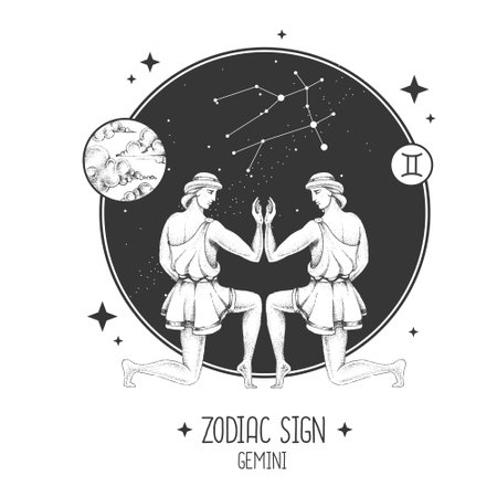 Modern magic witchcraft card with astrology Gemini zodiac sign. Realistic hand drawing men figure illustration. Zodiac characteristicのイラスト素材