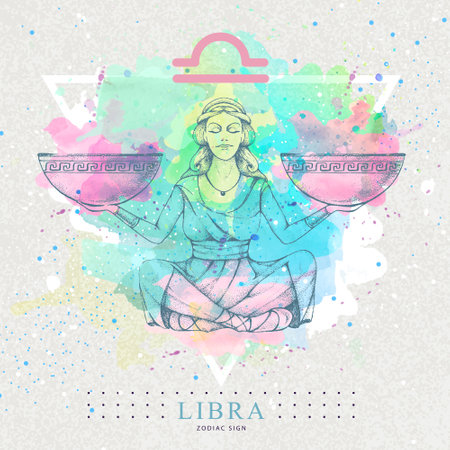 Modern magic witchcraft card with astrology Libra zodiac sign on artistic watercolor background....