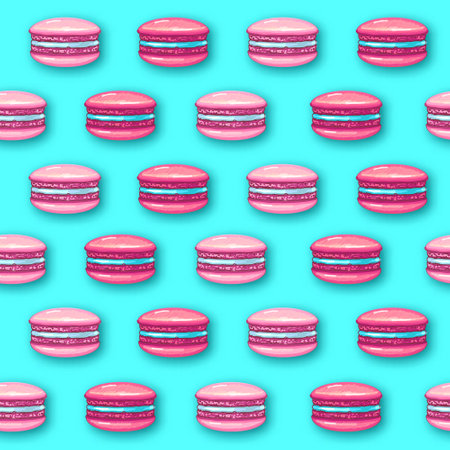 Seamless pattern of pink sweet macarons cakes on blue background. French macaroons. Junk food backgroundのイラスト素材
