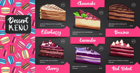 Chalk drawing dessert menu design with sweet french macaroons and cakesのイラスト素材