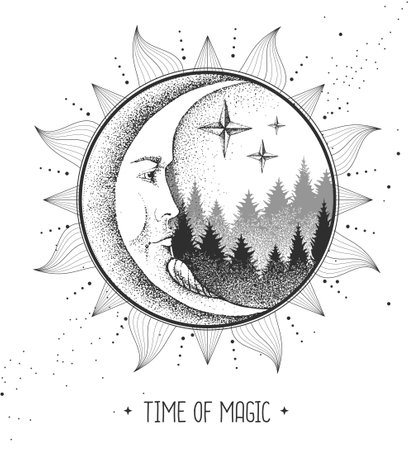 Modern magic witchcraft card with astrology sun and moon sign with human face. Day and nignt.のイラスト素材