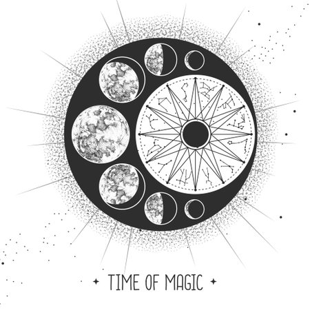 Modern magic witchcraft card with astrology sun and moon sign with human face. Day and nignt. Astrology wheel with zodiac signs. Horoscope vector illustrationのイラスト素材