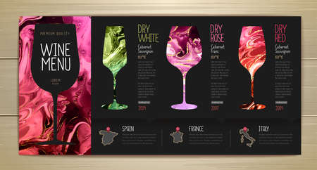 Wine menu design with alcohol ink texture. Marble texture background. Set of wine glassesのイラスト素材