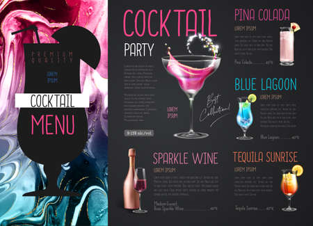 Cocktail menu design with alcohol ink texture. Marble texture background.のイラスト素材