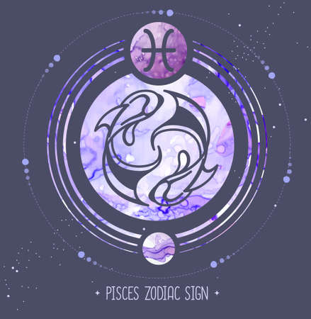 Modern magic witchcraft card with astrology Pisces zodiac sign. Alcohol ink background. Zodiac characteristicのイラスト素材