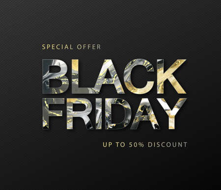 Typography Black friday big sale banner with Alcohol ink texture. Marble black and gold artistic backgroundのイラスト素材