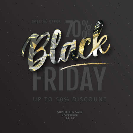 Typography Black friday big sale banner with Alcohol ink texture. Marble black and gold artistic backgroundのイラスト素材