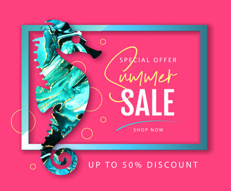 Typography summer big sale banner with Alcohol ink texture and sea Horse. Marble artistic backgroundのイラスト素材