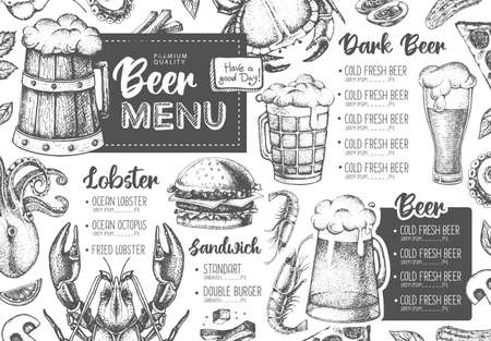 Restaurant beer menu design. Decorative sketch of beer and seafood snack. Fast food menuのイラスト素材