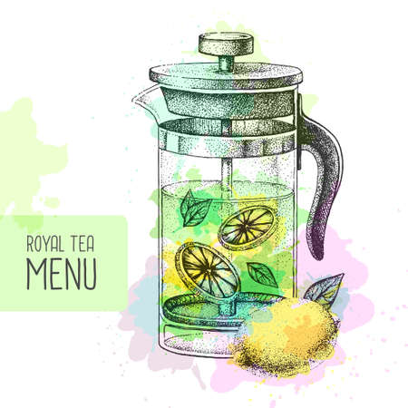 Hand drawing artistic teapot illustrtation on watercolor background. Vector illustrationのイラスト素材