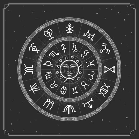 Modern magic witchcraft Astrology wheel with zodiac signsのイラスト素材