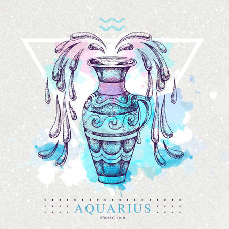 Modern magic witchcraft card with astrology Aquarius zodiac sign on artistic watercolor background. Realistic hand drawing water jug illustration.のイラスト素材