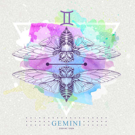 Modern magic witchcraft card with astrology Gemini zodiac sign on artistic watercolor background. Realistic hand drawing butterfly or cicada illustration.のイラスト素材