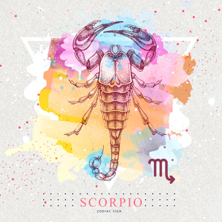 Modern magic witchcraft card with astrology Scorpio zodiac sign on artistic watercolor background. Realistic hand drawing scorpion illustration.のイラスト素材
