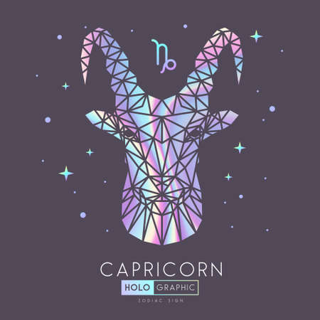 Modern magic holographic witchcraft card with polygonal astrology Capricorn zodiac sign. Polygonal ram or mouflon headのイラスト素材