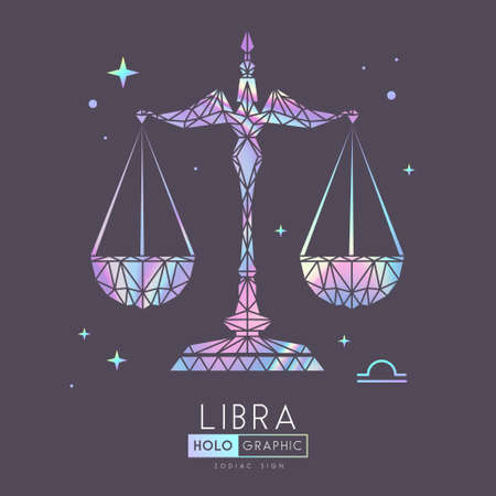 Modern holographic magic witchcraft card with astrology Libra zodiac sign. Polygonal style. Scales illustrationのイラスト素材