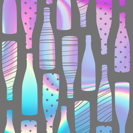 Holographic seamless pattern with champagne bottles. Holographic background, gift wrap, wall art design.のイラスト素材