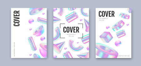 Set of Modern holographic covers with 3D geometric fllow abstract shapes. Vector illustration