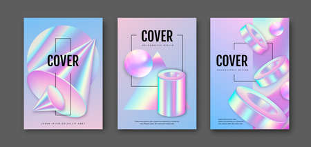 Set of Modern holographic covers with 3D geometric fllow abstract shapes. Vector illustrationのイラスト素材