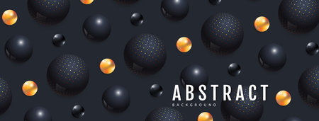 3D abstract black and golden spheres on dark black background. Vector illustrationのイラスト素材