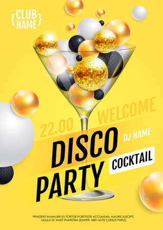 Cocktail disco party poster with 3d abstract spheres and golden disco ball. Vector illustrationのイラスト素材