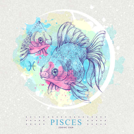 Modern magic witchcraft card with astrology Pisces zodiac sign. Healistic hand drawing Koi fish illustrationのイラスト素材