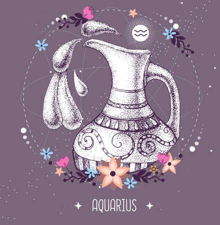 Modern magic witchcraft card with astrology Aquarius zodiac sign. Realistic hand drawing water jug illustrationのイラスト素材