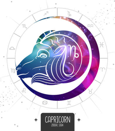 Modern magic witchcraft card with astrology Capricorn zodiac sign. Capricorn silhouette with outer space insideのイラスト素材