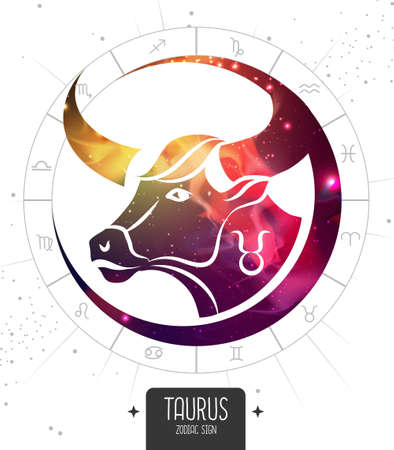 Modern magic witchcraft card with astrology Taurus zodiac sign. Bull head silhouette with outer space insideのイラスト素材