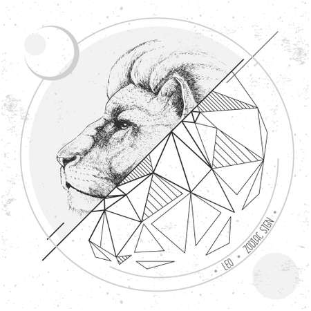 Realistic hand drawing and polygonal lion head illustration. Magic card with Leo zodiac signのイラスト素材