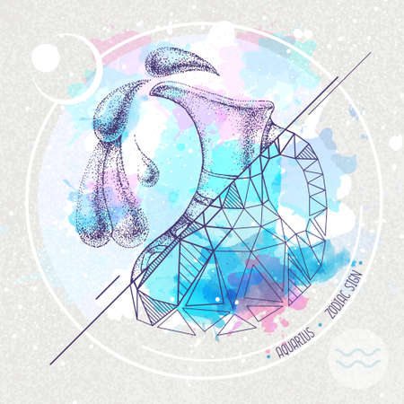 Realistic hand drawing and polygonal water jug illustration on watercolor background. Magic card with Aquarius zodiac signのイラスト素材