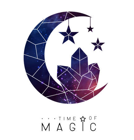 Modern magic witchcraft card with crescent and crystal. Magic crescent with Crystal with space background inside. Vector illustrationのイラスト素材