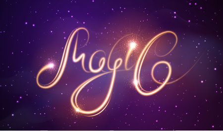 Magic abstract background with Golden neon glowing shiny trail on night sky. Typography poster with golden letters. Vector illustrationのイラスト素材