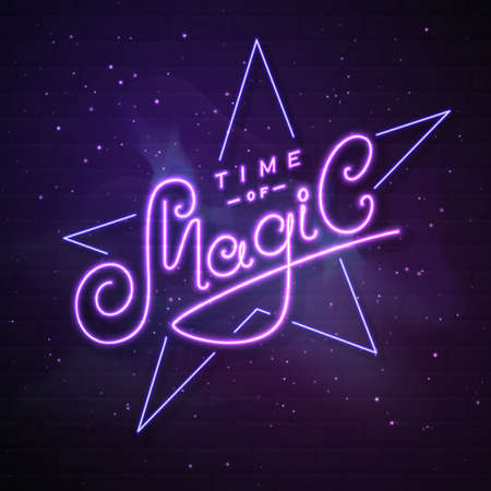 Modern magic witchcraft neon typography sign Time of Magic on abstract background. Vector illustrationのイラスト素材