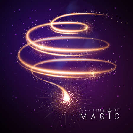 Golden neon glowing shiny spiral trail on night sky abstract background. Vector illustrationのイラスト素材