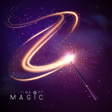 Magic wand with golden neon glowing shiny spiral trail. Vector illustrationのイラスト素材