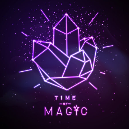Modern magic witchcraft neon crystal sign. Magic Crystal on space background. Vector illustrationのイラスト素材