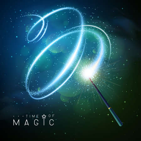 Magic wand with blue neon glowing shiny spiral trail. Vector illustrationのイラスト素材
