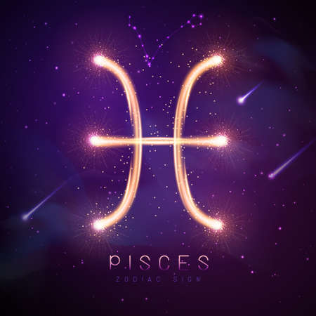 Modern magic witchcraft card with astrology glittering golden Pisces zodiac sign on outer space backgroundのイラスト素材