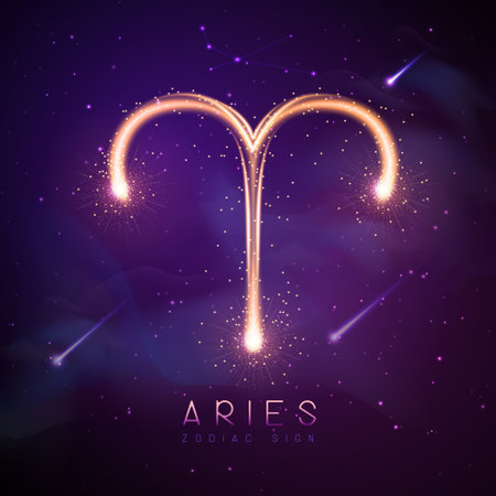 Modern magic witchcraft card with astrology glittering golden Aries zodiac sign on outer space backgroundのイラスト素材