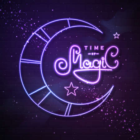 Modern magic witchcraft neon typography sign Time of Magic on abstract background. Vector illustrationのイラスト素材