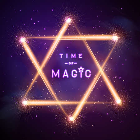 Magic abstract background with Golden neon glowing shiny trail on night sky. Two golden triangles like star shape. Vector illustrationのイラスト素材