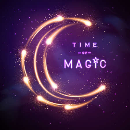 Crescent sign with golden neon glowing shiny trail on night sky abstract background. Vector illustrationのイラスト素材