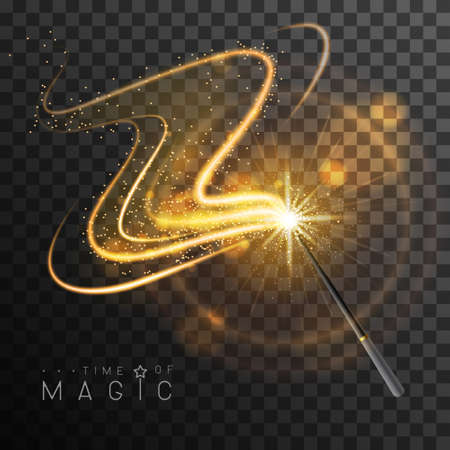 Magic wand with golden glowing shiny trail. Isolated on black transparent background. Vector illustrationのイラスト素材