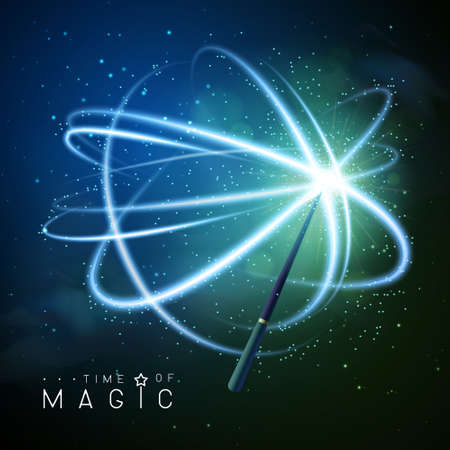 Magic wand with blue neon glowing shiny trail on abstract space background. Vector illustrationのイラスト素材