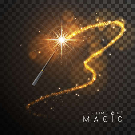Magic wand with golden glowing shiny trail. Isolated on black transparent background. Vector illustrationのイラスト素材